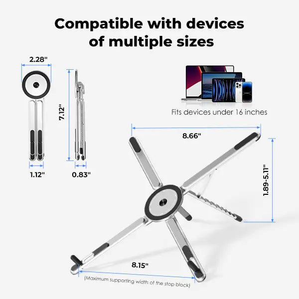 Soporte portátil para computadora portátil Viozon para escritorio, base elevadora plegable y ajustable con soporte magnético para teléfono, soporte de aluminio para computadoras portátiles de 10 a 16” y teléfonos/tabletas de 4 a 13” (Plata)