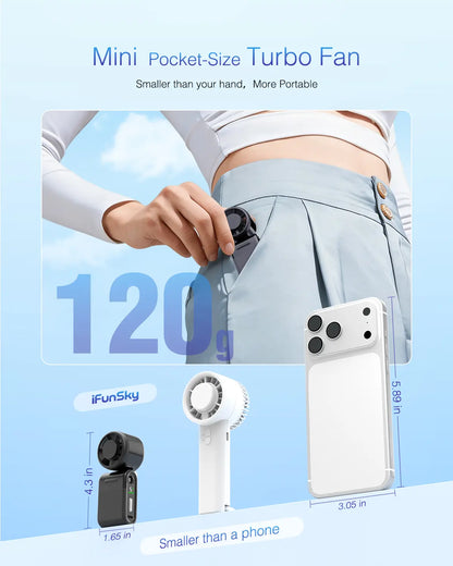 Ventilador de bolsillo mini portátil, turbo, ligero, 4000 mAh, 5 velocidades, flujo de aire potente, recargable por USB, con cordón ajustable para exteriores, viajes, playa, regalos de verano para mujeres y hombres