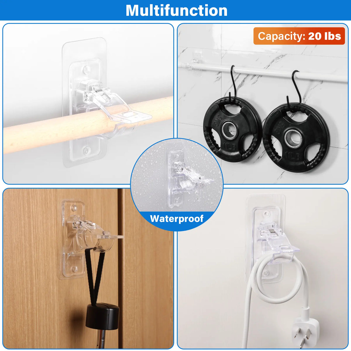 Paquete de 6 soportes para barra de cortina sin taladrar, ganchos adhesivos para barra, soportes multiusos autoadhesivos sin clavos para decoración de baño