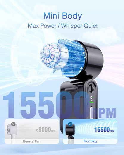 Ventilador de bolsillo mini portátil, turbo, ligero, 4000 mAh, 5 velocidades, flujo de aire potente, recargable por USB, con cordón ajustable para exteriores, viajes, playa, regalos de verano para mujeres y hombres