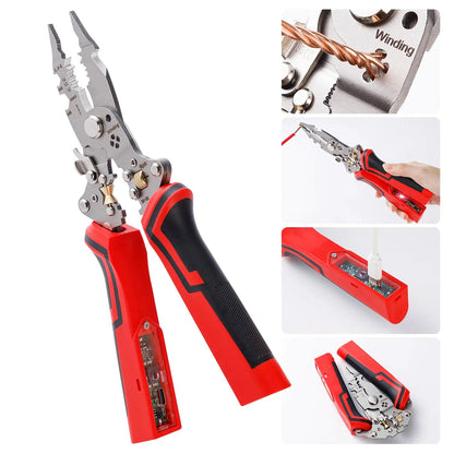 16 in 1 Wire Stripper Twister for Cutting and Pulling Wires,Cable Scissors,Voltage Tester Pliers, 12V to 250V Live,Null,Hot Wire Judgment AC DC, Audible and Flashing LED Alarms