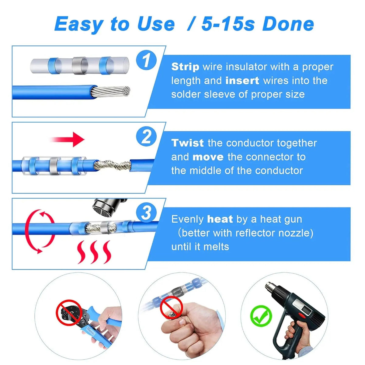300PCS Bulk Pack Solder Seal Wire Connectors - Waterproof Heat-Shrink Tube Butt Terminal with Self-Solder, Adhesives, Abrasion Resistance for Marine, Automotive Applications