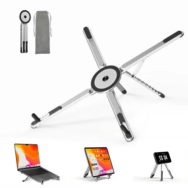 Soporte portátil para computadora portátil Viozon para escritorio, base elevadora plegable y ajustable con soporte magnético para teléfono, soporte de aluminio para computadoras portátiles de 10 a 16” y teléfonos/tabletas de 4 a 13” (Plata)