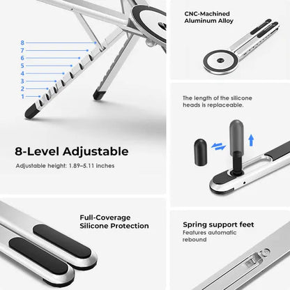 Soporte portátil para computadora portátil Viozon para escritorio, base elevadora plegable y ajustable con soporte magnético para teléfono, soporte de aluminio para computadoras portátiles de 10 a 16” y teléfonos/tabletas de 4 a 13” (Plata)